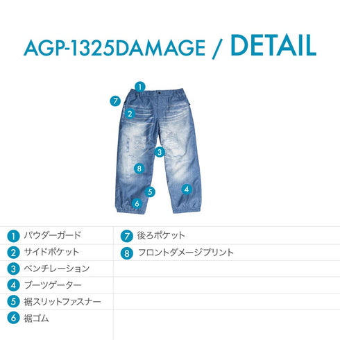 【10月上旬発送予定】 ASHGREEM アッシュグリーム スノーボードウェア デニムプリント ビッグパンツ ダメージプリント AGP-1325DAMAGE